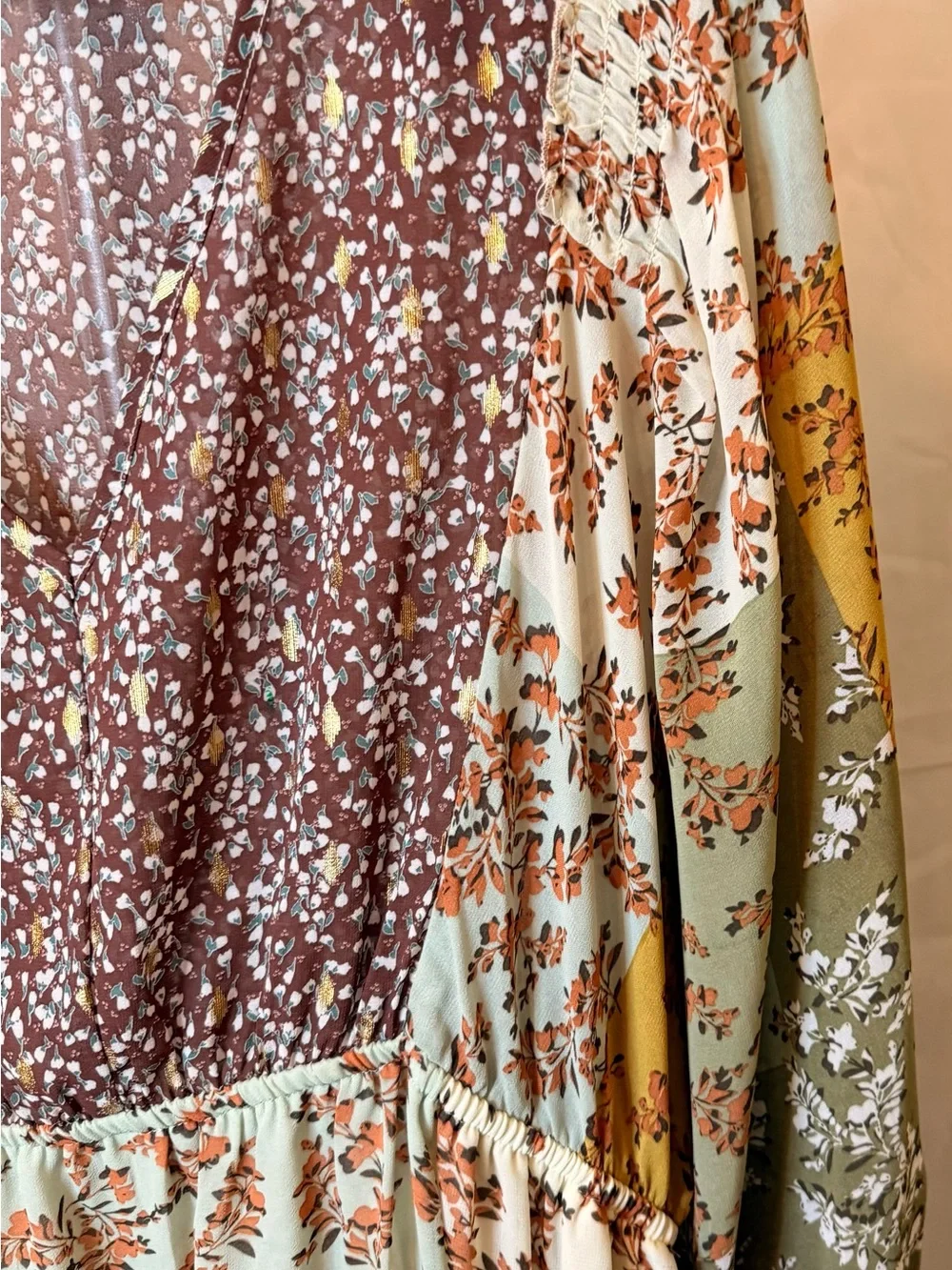 Umgee Women’s size XL Boho Patchwork Floral Maxi Dress - Sage, Mustard & Brown - Picture 4 of 9